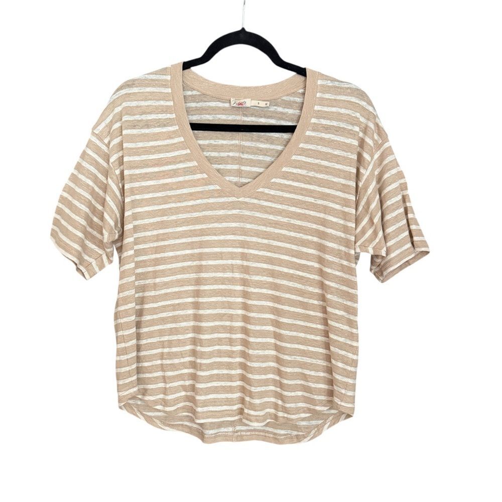 Faherty Oceanside 100% Linen Striped V-neck Tee Women Size S - Picture 3 of 10